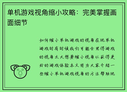 单机游戏视角缩小攻略：完美掌握画面细节